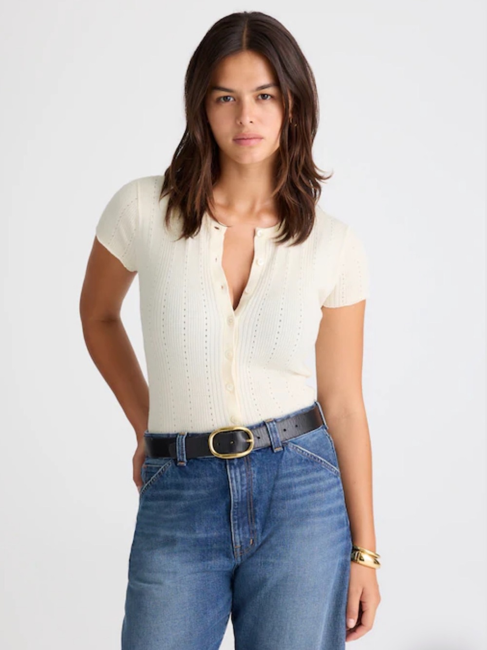 Madewell Cream Short-Sleeve Button Knit Top